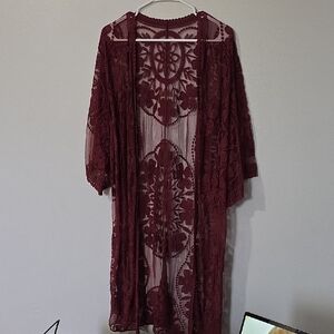 Elegant Lace Kimono Cardigan in Burgundy